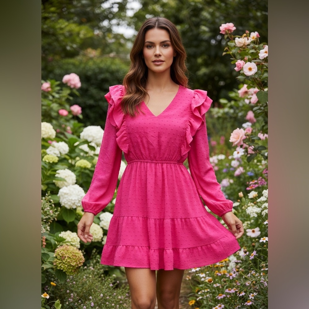JODIFL Hot Pink Ruffle V-Neck Long-Sleeve Tiered Mini Dress